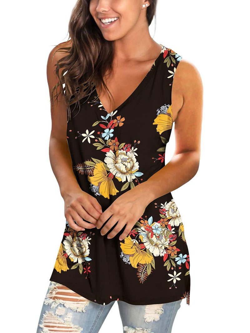 SAMPEEL Womens Plus Size Tank Tops Side Split Cami Vest Sexy V Neck Print Blouse Black XXL - Image 3